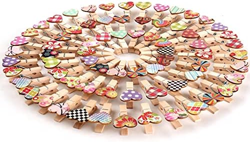 100 יחידות מיני עץ אטבי כביסה עם לבבות לתליית תמונות קישוטי עבור ולנטיין אירוסין חתונה כלה מקלחת המפלגה