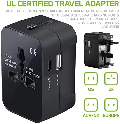 Travel USB פלוס מתאם כוח בינלאומי התואם ל- Acer Liquid E2 עבור כוח עולמי לשלושה מכשירים USB Typec, USB-A כדי לנסוע בין