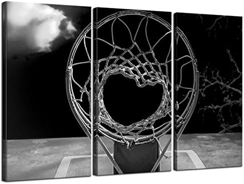 3 פאנל בד שחור לבן הדפסים הדפסים כדורסל חישוק תמונות אמנות קיר אמנות גלריית יצירות אמנות עטופות מוכנות יו תלייה מודרנית