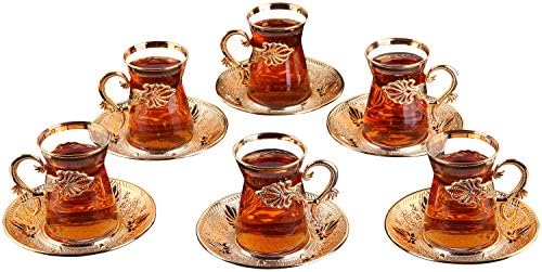משקפי תה טורקיים Demmex המוצבים עם מחזיקים, צלוחיות, כפות, 24 חתיכות, 4 גרם.