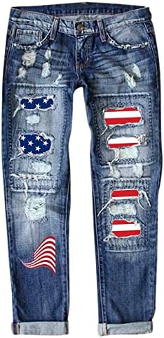 אילוגו נשים ג 'ינס עצמאות יום הדפסת קרע מכנסיים נשים ז' אן ארוך שרוול